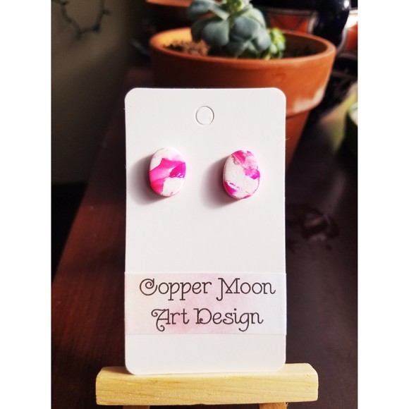 Handmade Pink and White Glitter Polymer Clay Stud Earrings - Picture 1 of 2